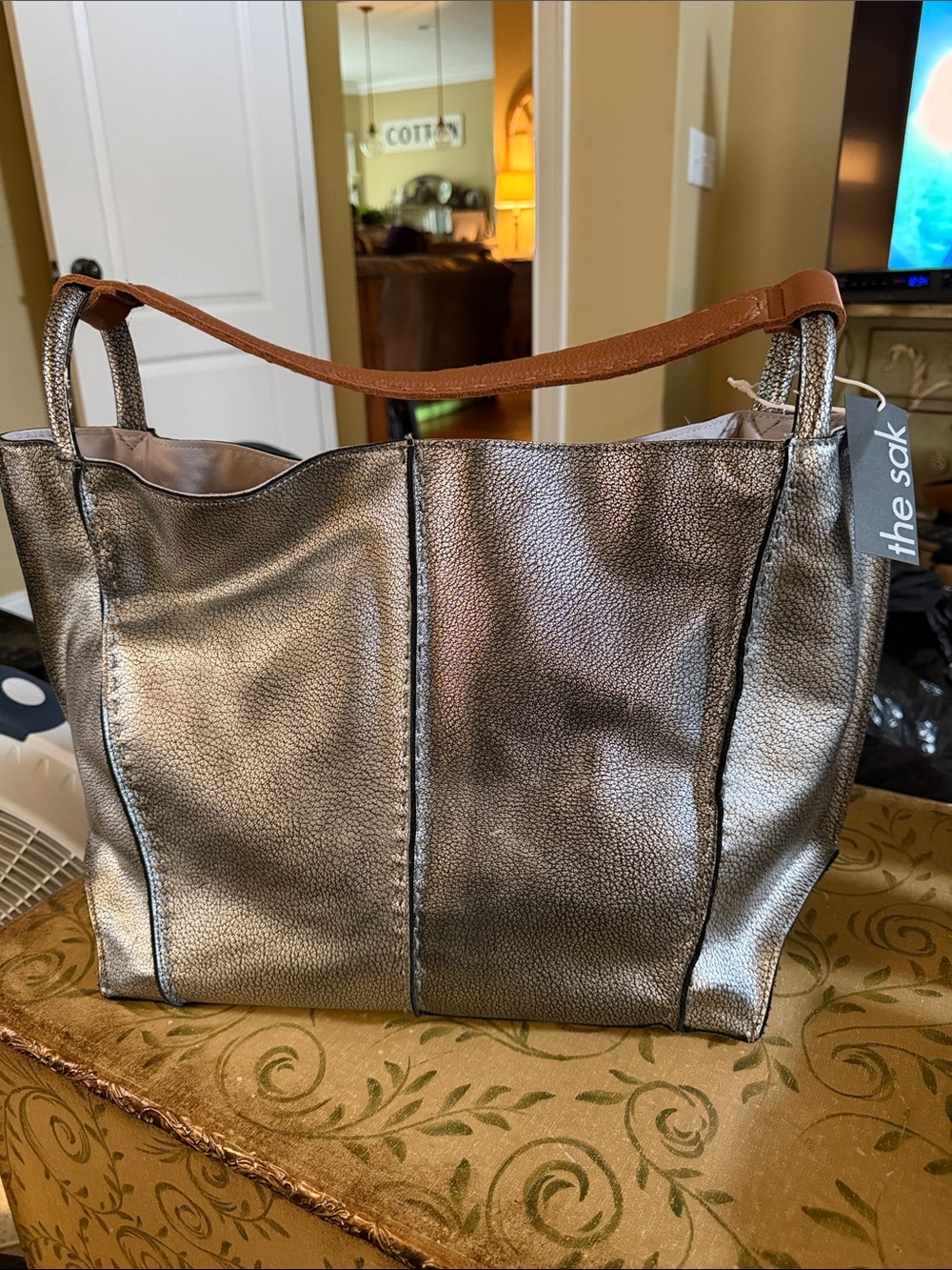 The Sak Metallic Silver Tote with Brown Strap